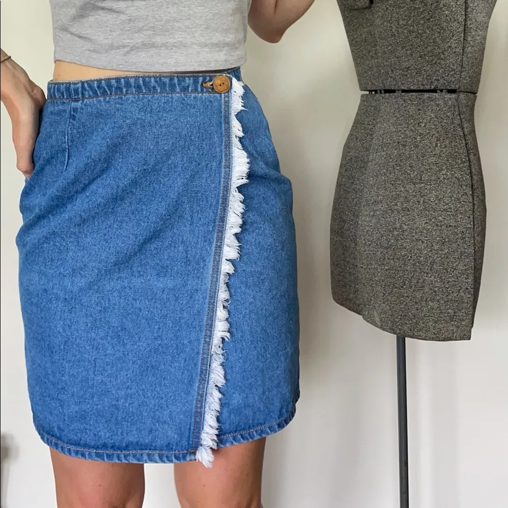 Vintage Gitano Wrap Denim Skirt with Fringe Edge - Image 2