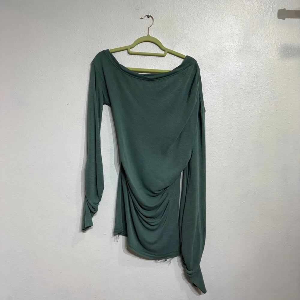 Free People Green Slouchy One Shoulder Long Sleeve Top Sz S - Image 2