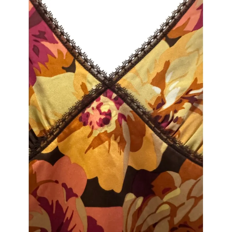 J. Crew Floral Satin Dress Size 6‎ Silk Brown Yellow Pink V-Neck - Image 2