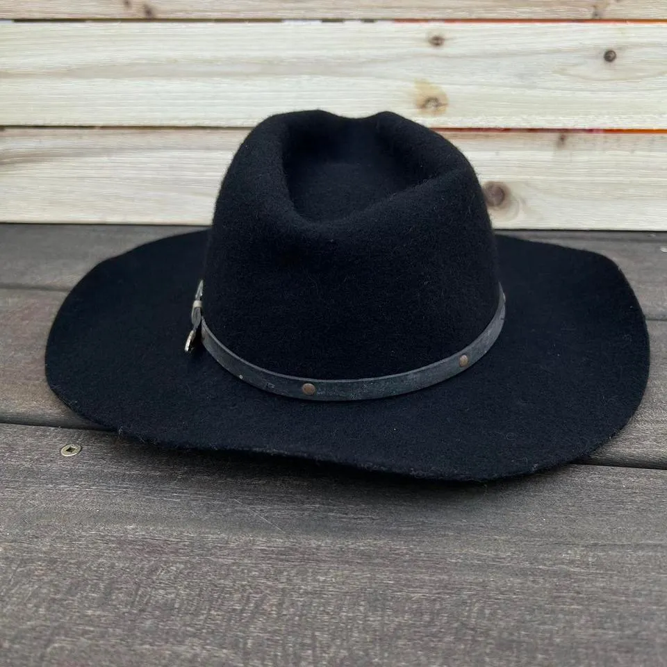 Vintage Black Wool Harley Davidson Cowboy Hat w/ Leather Strap Silver Buckle USA - Image 6
