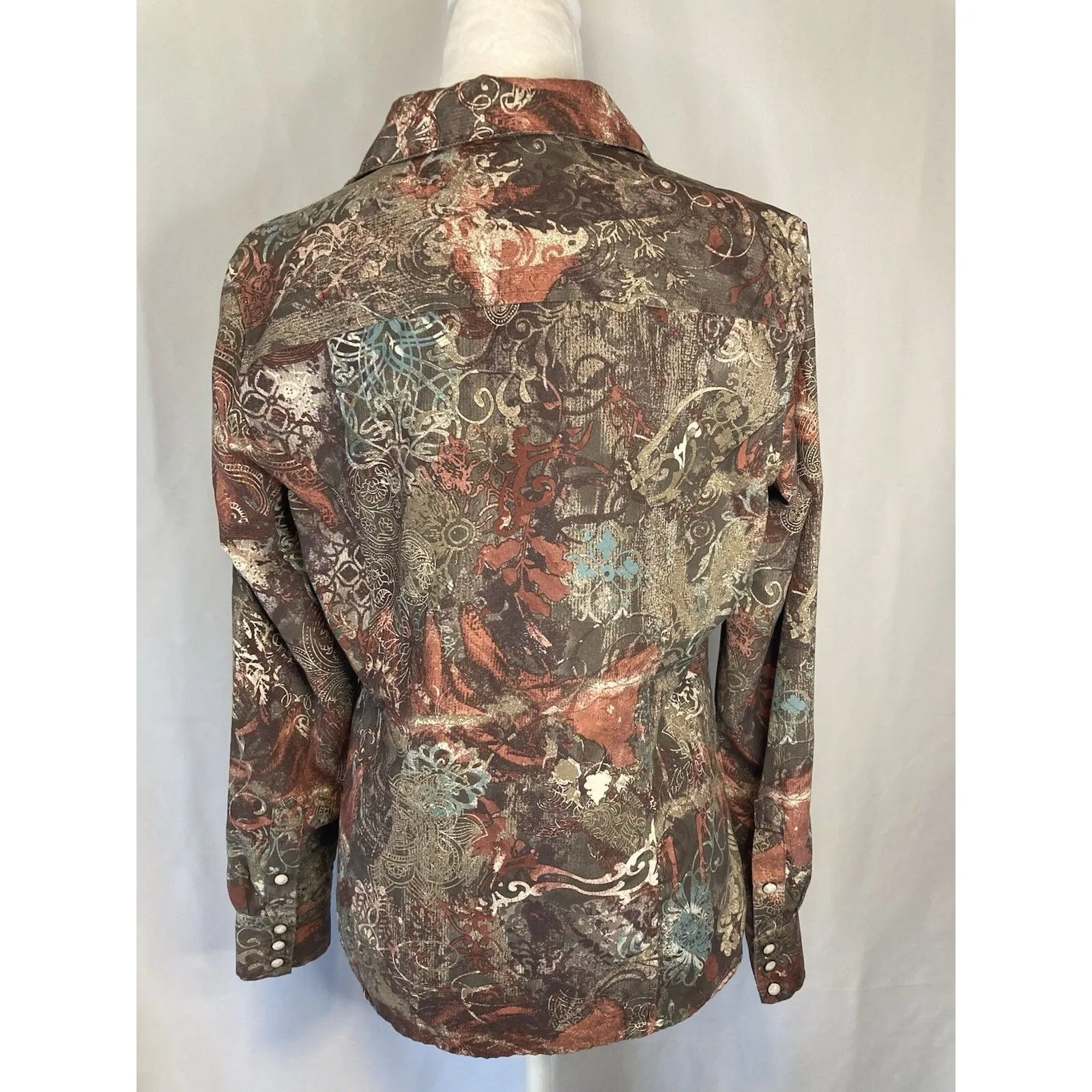 Pearl Snap Shirt Brown Womens M Long Sleeve Button Up Blouse Neutral Earthy - Image 4