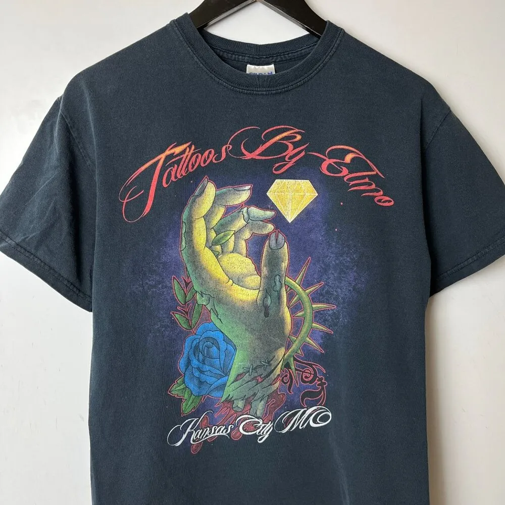 Tattoos by Elmo T Shirt Vintage Y2K Small S Black Graphic Tee - Image 8