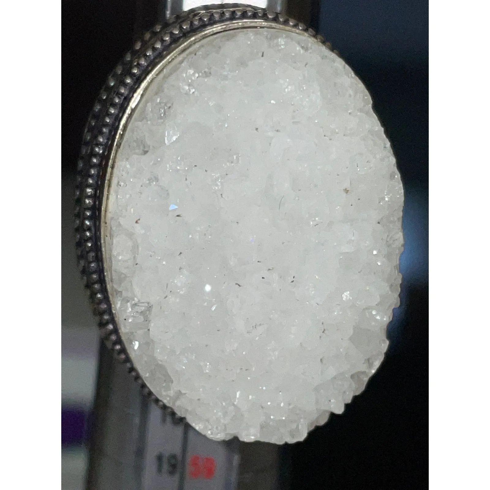 Quartz White Druzy Crystal Cluster Oval Gemstone .925 Silver Ring 6.5 - Image 4
