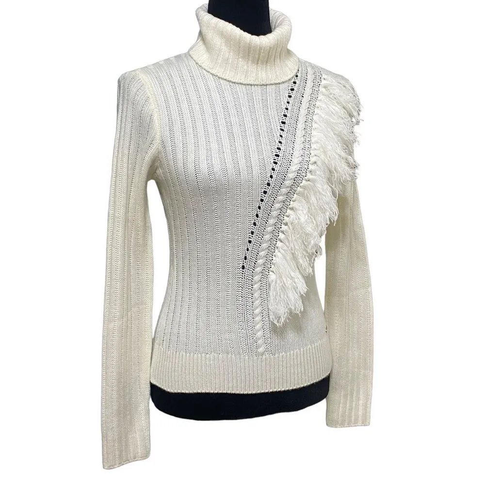 DKNY Ivory Fringe Ribbed Knit Turtleneck Sweater Boho Cozy Pullover Small - Image 3