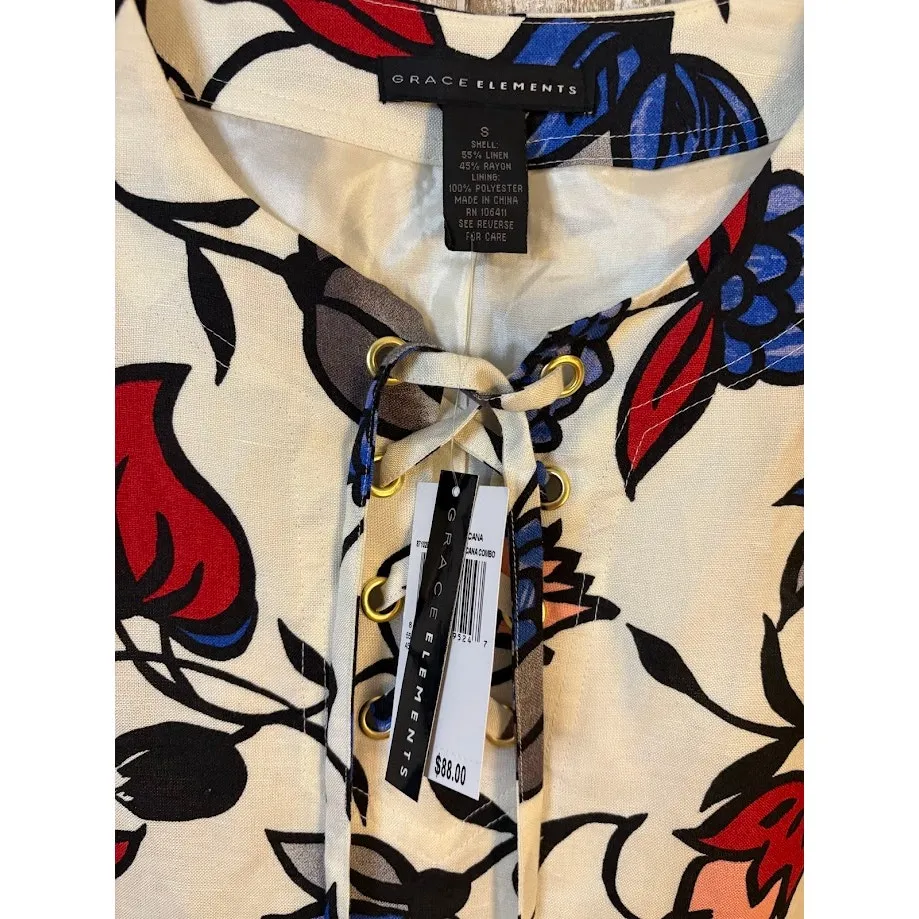 Grace Elements Linen Blend Red White Blue Floral Shift Dress - Size Small NWT - Image 5