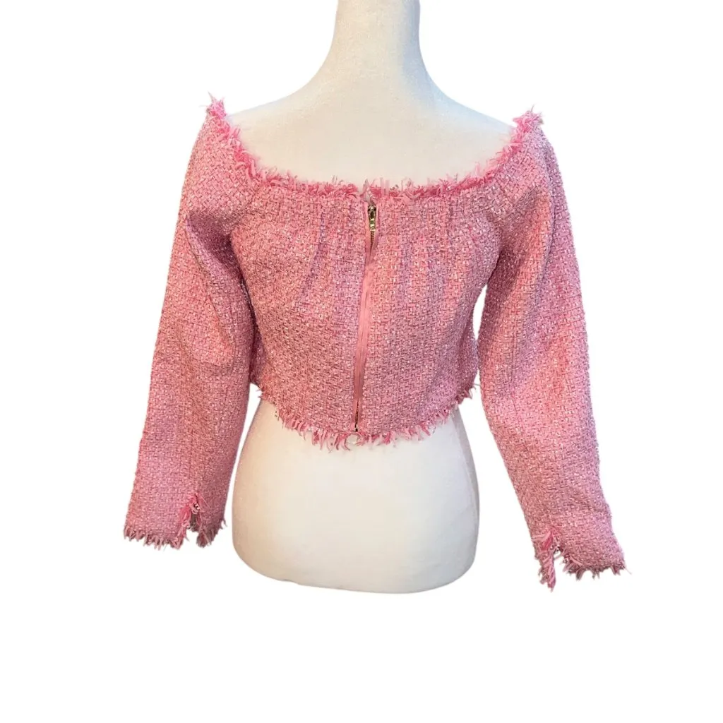 Endless Rose Off The Shoulder Tweed Pink Long Sleeve Cropped Shirt Button Large - Image 4