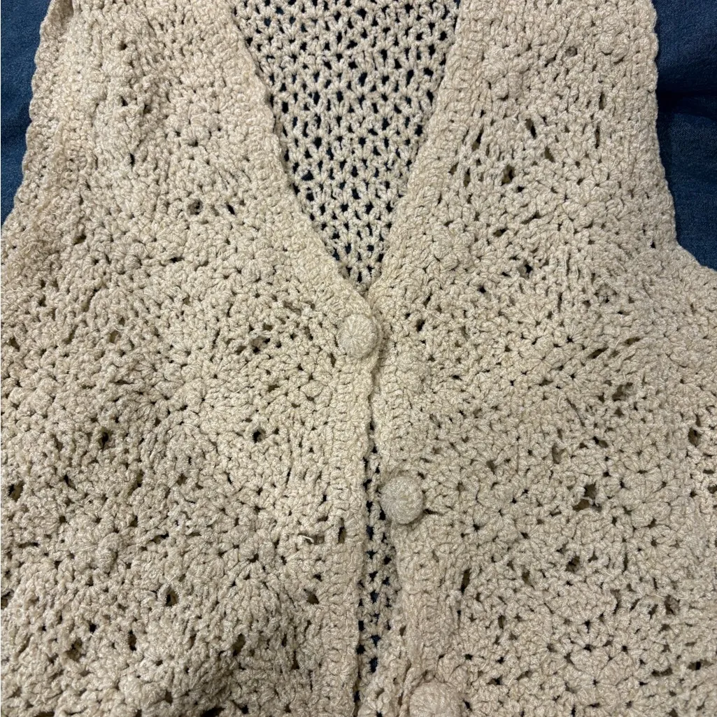 Express Tricot vintage hand knit crochet vest sz L beige coastal grandma Size L - Image 4