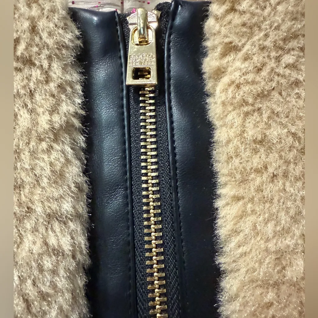 Marc New York Tan Fur / Teddy Jacket - Black Faux Leather Trim Coat Size‎ Large - Image 3