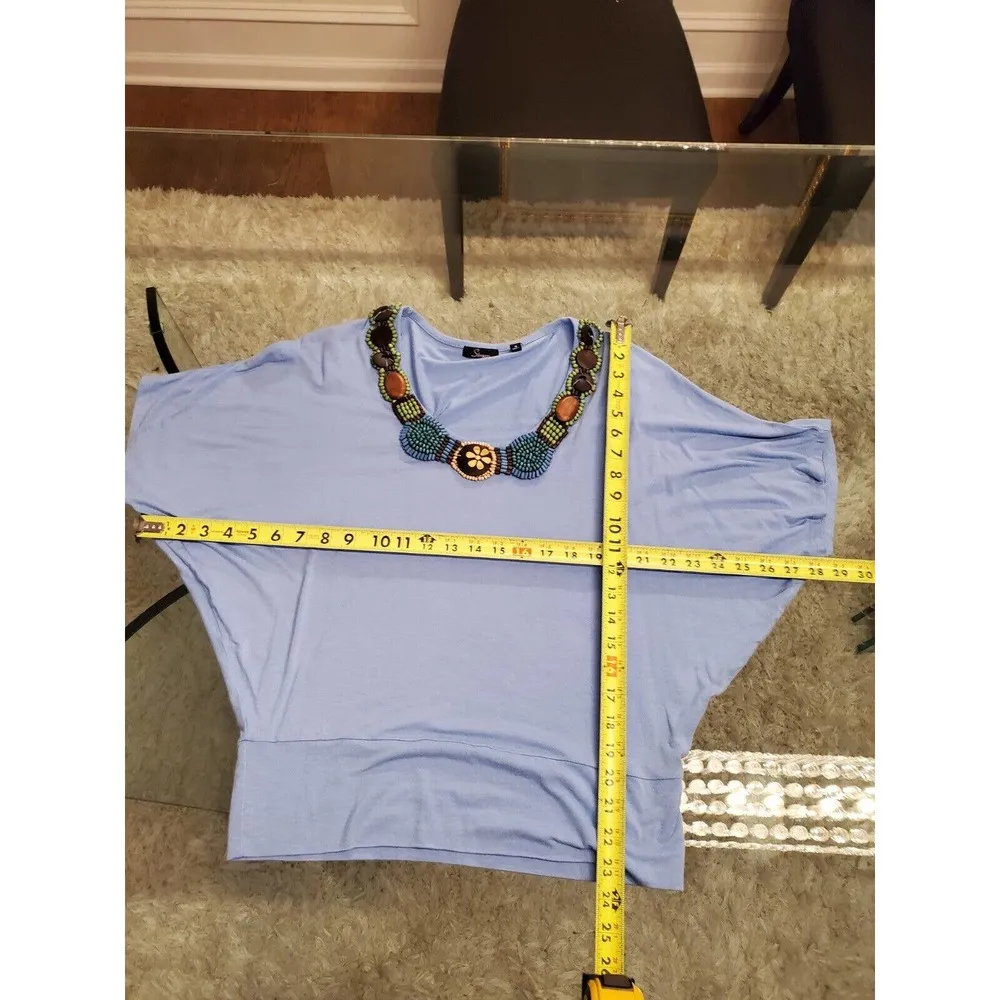 Strazzi Beaded Blue Solid Rayon Round Neck Short Sleeve Top Blouse Size Small - Image 7