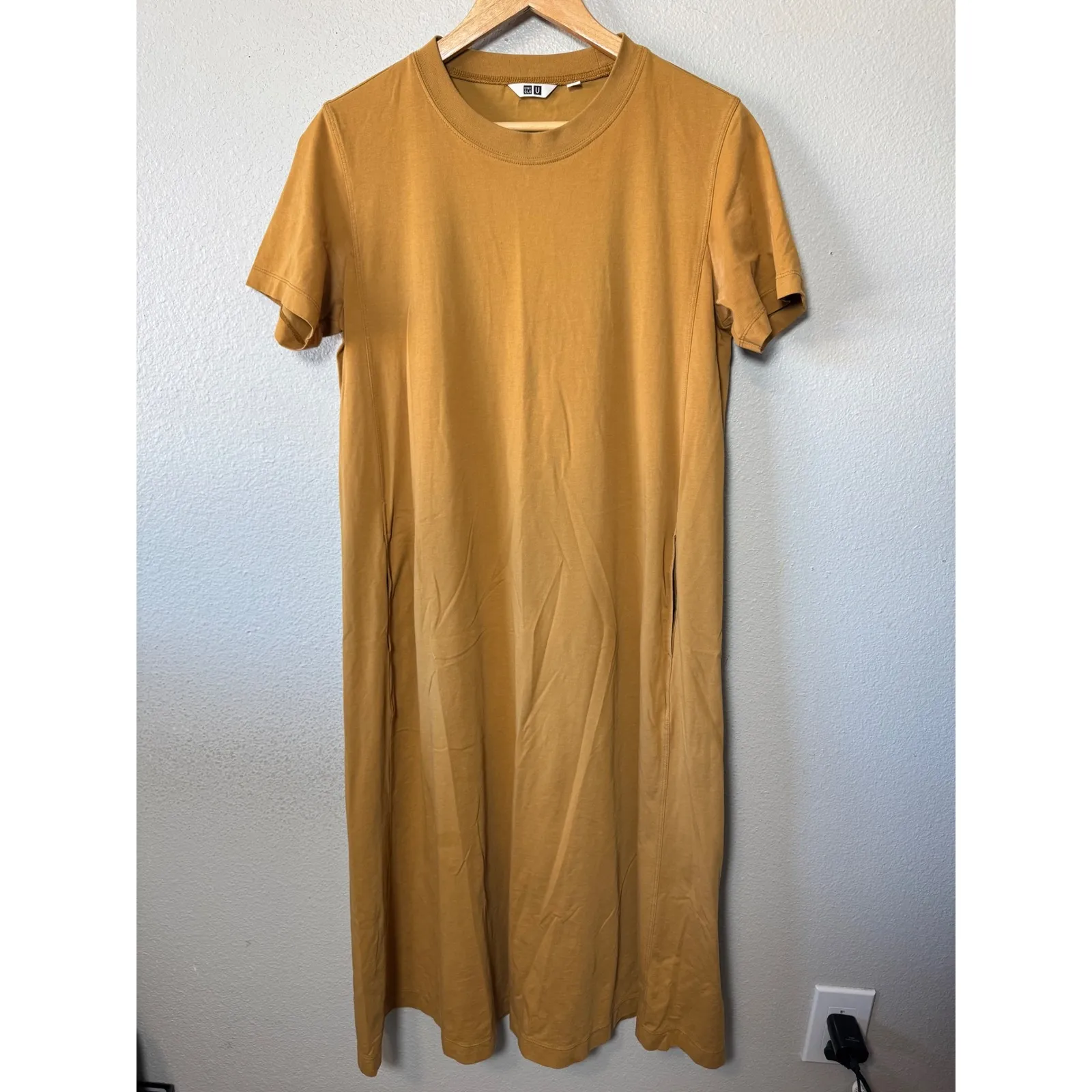 Uniqlo AIRism Cotton‎ T Shirt Dress Midi Mustard Yellow Size S - Image 2