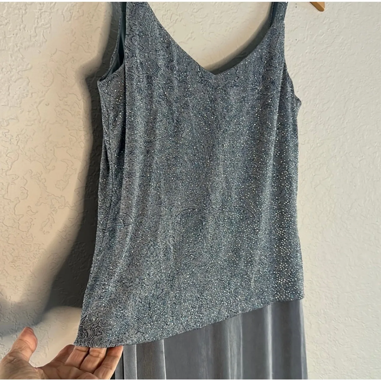 Alex Evenings Gray Smoky Blue Jersey Dress Sparkly Glitter Minimalist Gala Event - Image 2