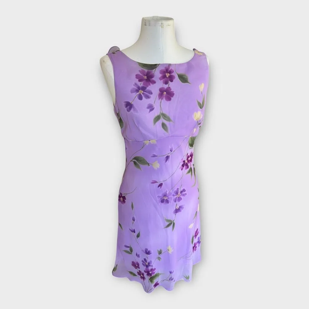 Vintage 90s Just Choon USA Purple Floral Empire Waist Dress Sheer Overlay sz 9 - Image 11