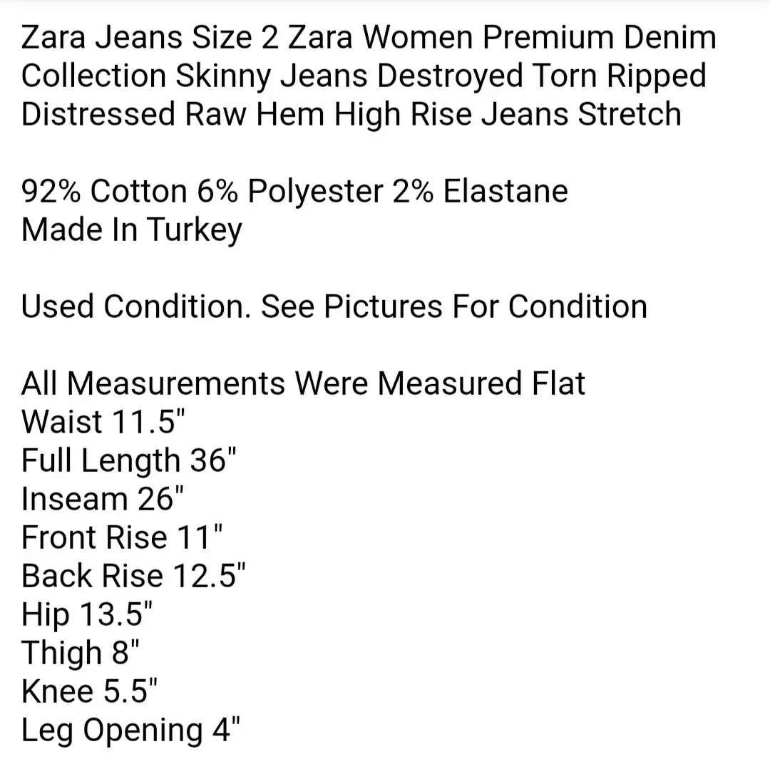 Zara Jeans Size 2 Zara Women Premium Denim Collection Skinny Jeans Destroyed Torn Ripped Distressed Raw Hem High Rise Jeans Stretch  - Image 8