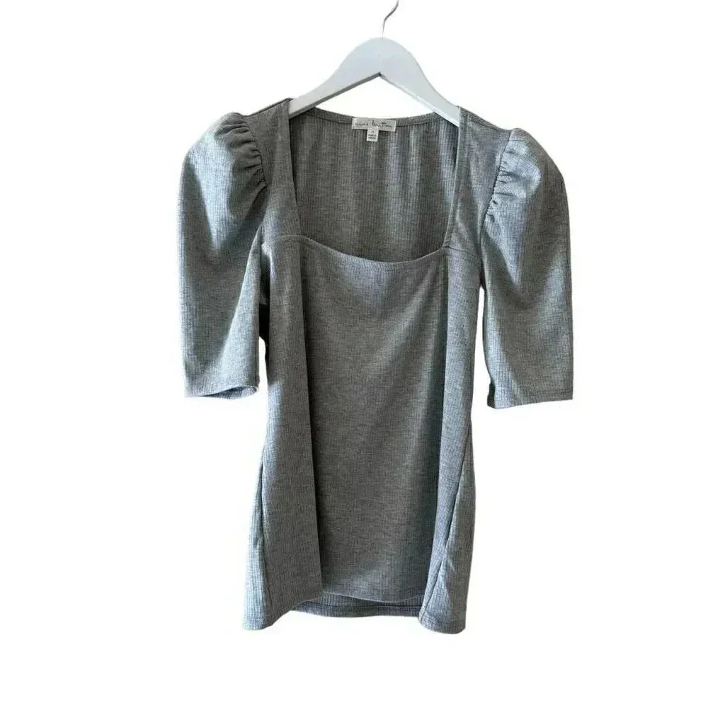 Nine Britton Solid Gray Ribbed Knit Square Neck Puff Sleeve Bohemian M # 1890 - Image 2
