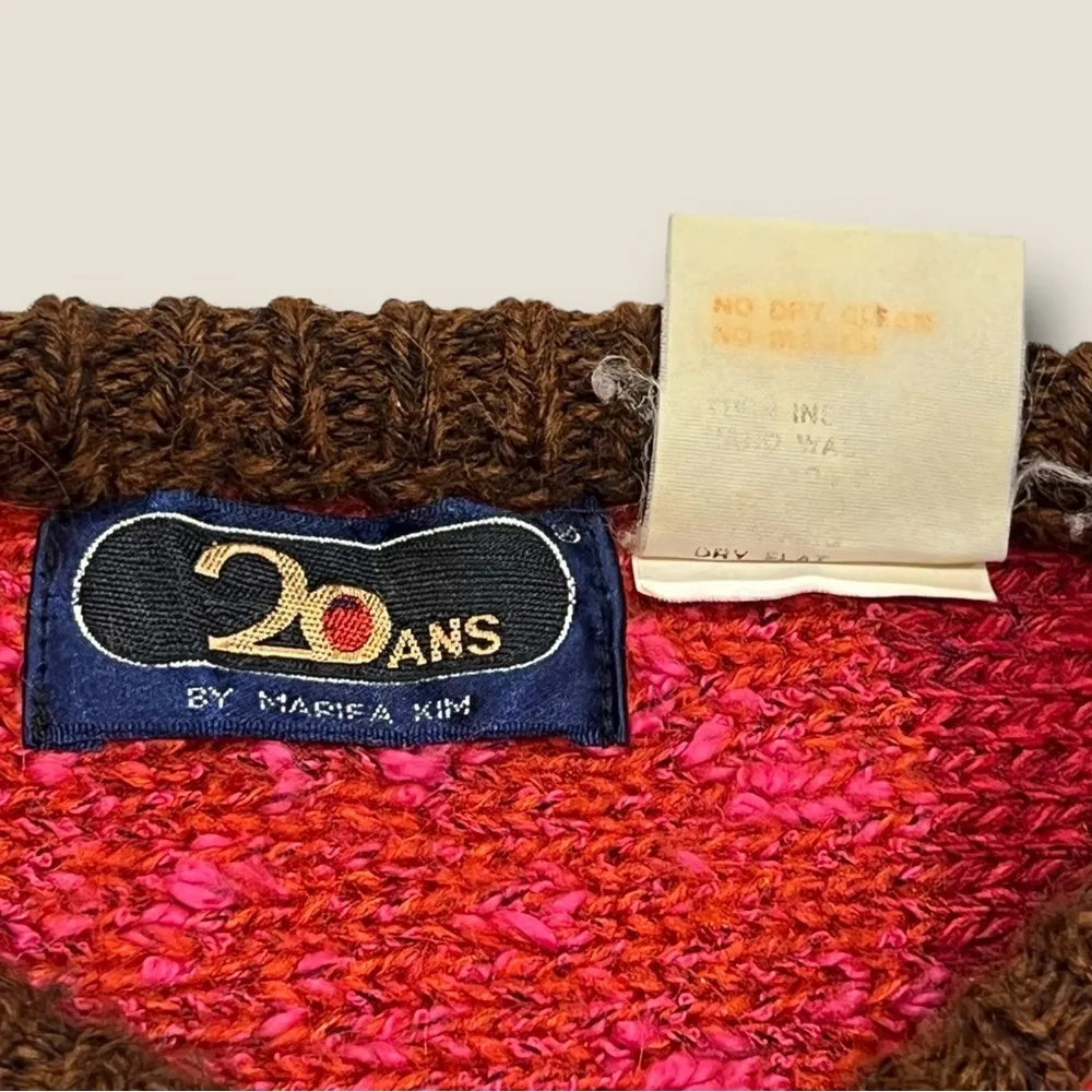 ★ Vintage 80s Patchwork Color Block Knitted Leaf Pattern Sweater from 20 Ans ★ Red Size M - Image 4