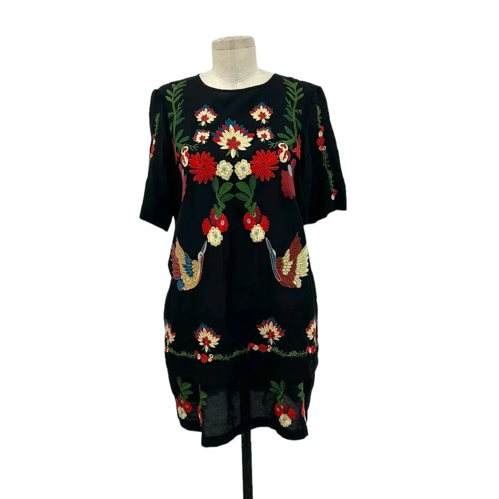 Zara Embroidered Floral Crane Bird‎ Short Black Dress Size XS - Image 3
