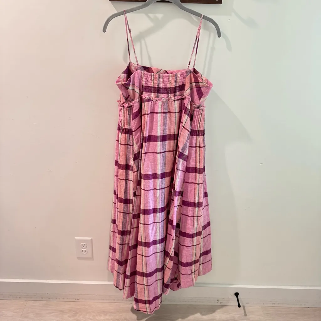 NWT Maeve Linen Blend Pleated Waist Hanky Hem Midi Dress Pink Plaid Medium - Image 7