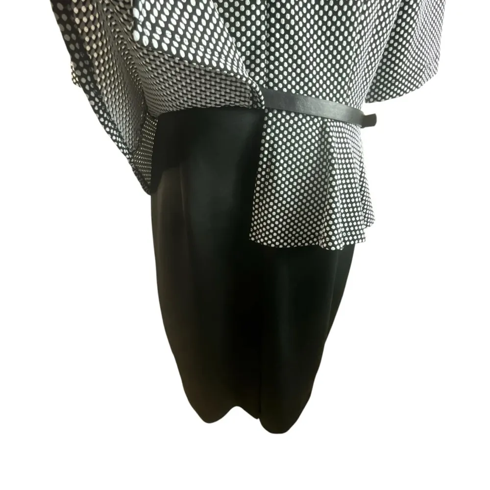 Connected Black and White Polka Dot Belted Zip Back Peplum Dress - Image 11