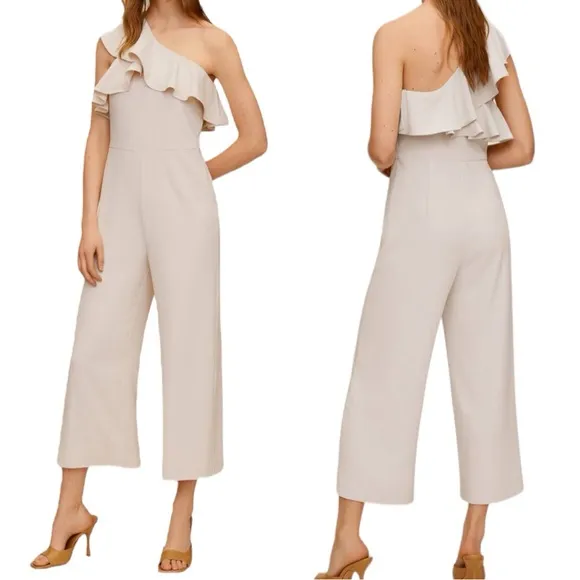 MANGO Frilled long jumpsuit Romper Bone Color ivory beige Sz US Large - Image 2
