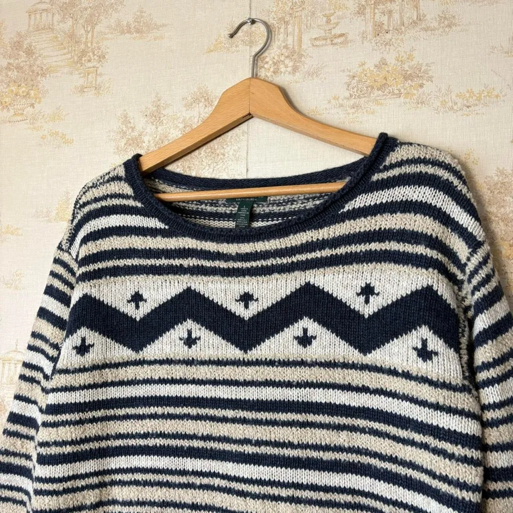 Vintage LRL Lauren Jeans Co. Ralph Lauren wool blue cream stripe sweater L - Image 3
