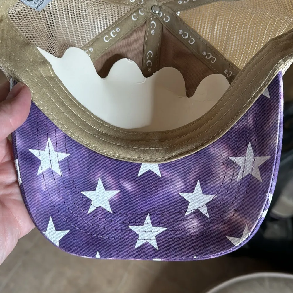 NWT American Flag Criss Cross Ponytail Hat Tie Dye Purple Star Print - Image 8