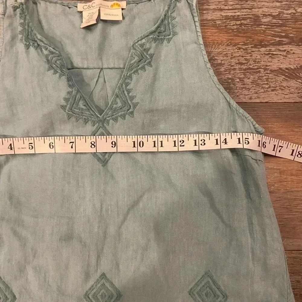 C&C California Women’s Linen Tunic Dress XS Turquoise Blue Pockets Embroidery - Image 3
