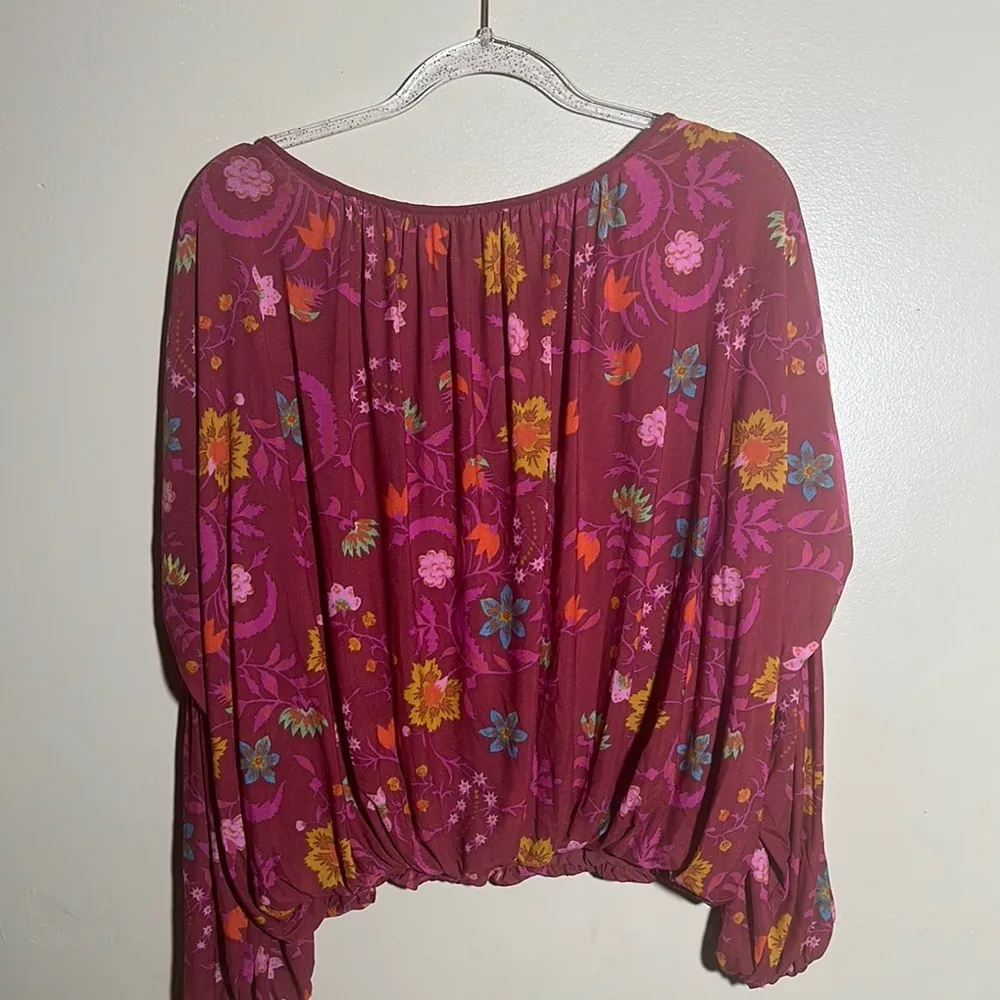 Free People Maroon Floral Boho Ruffle Sleeved‎ Top | Medium - Image 6
