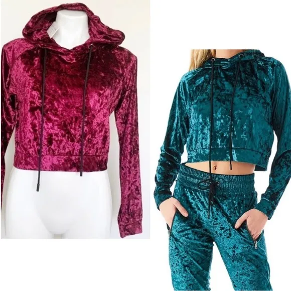 LF Emma & Sam velvet crop hoodie sweatshirt burgundy SMALL adjustable strings - Image 2