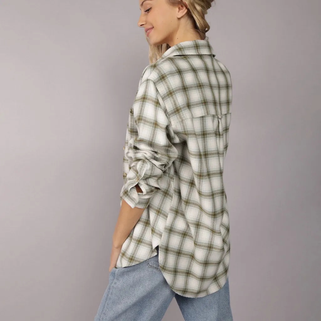 American Eagle Green Oversized Plaid Flannel Shirt Women’s Sz Small 100% Cotton - Image 2