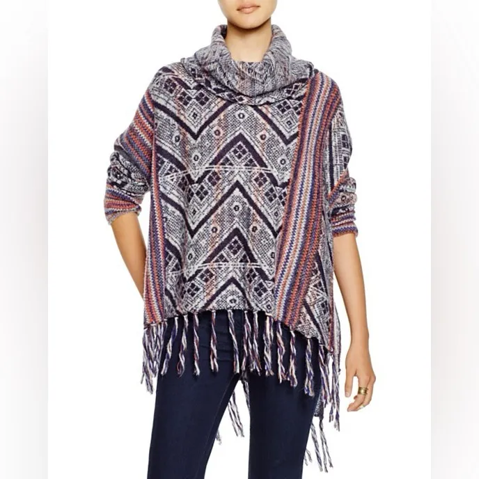 Free People Be The One Multicolor Cowl Neck Fringe Detail Poncho Sweater - Image 9
