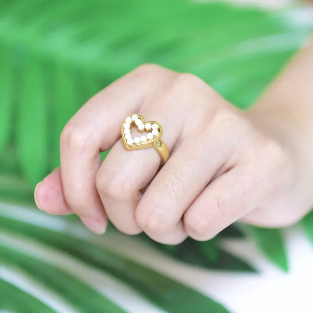 Hollow Pearl Heart Ring | 18k Yellow Gold‎ Plated Sterling Silver - Image 12