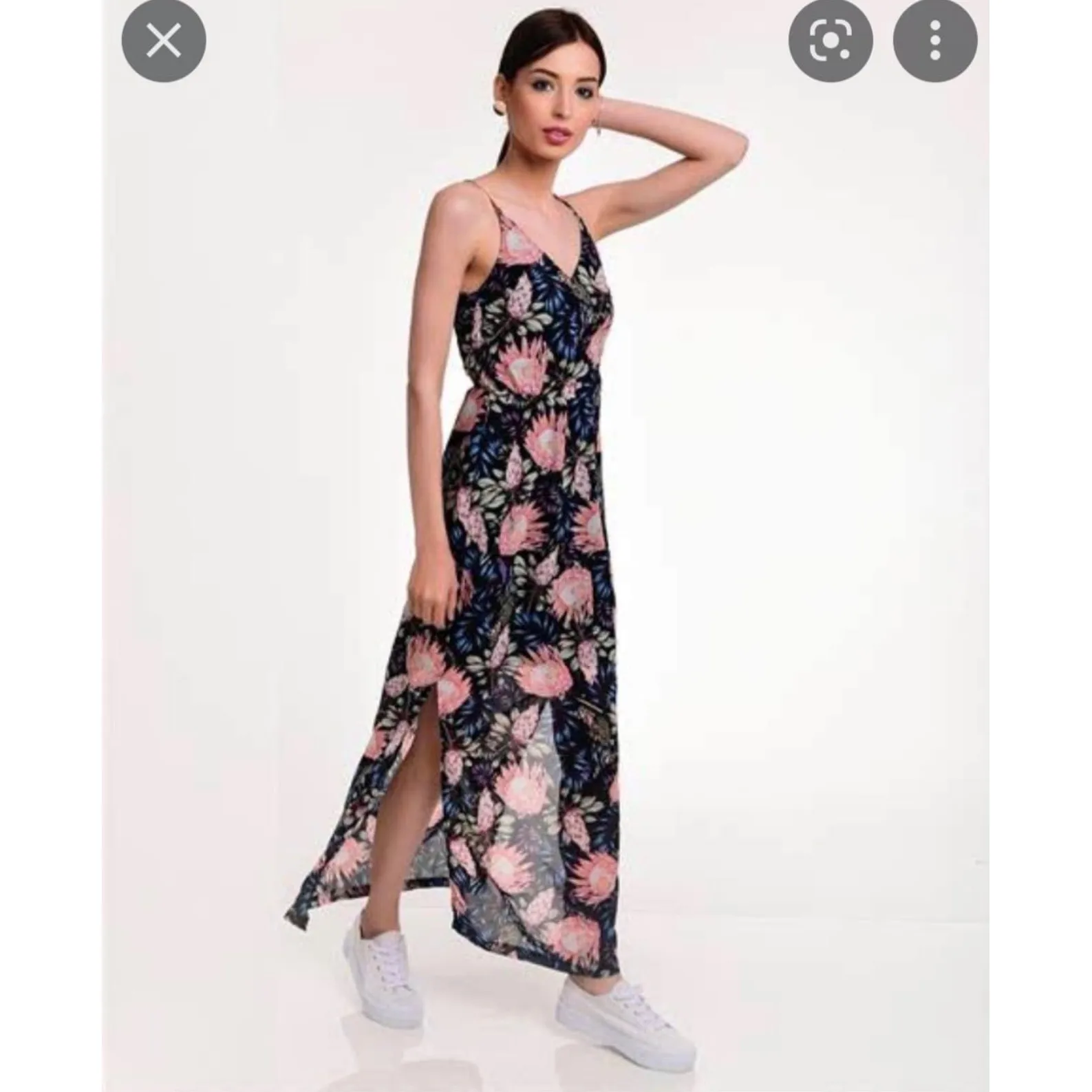 H&M Divided Floral Maxi Dress Spaghetti Straps V Neck Pink Blue Black Size 6 - Image 2