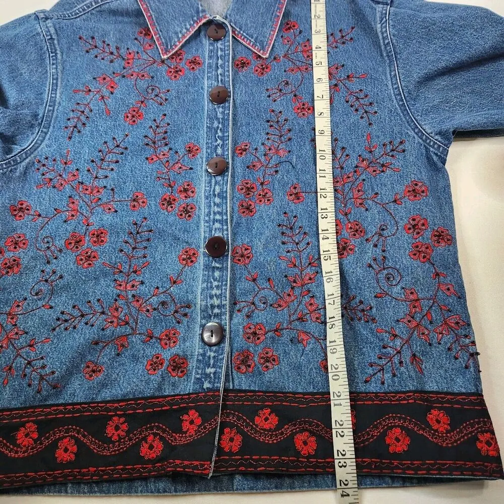 Life Style Denim Embroidered Red Black Floral Button Front Jacket Size S Japan Blue - Image 9
