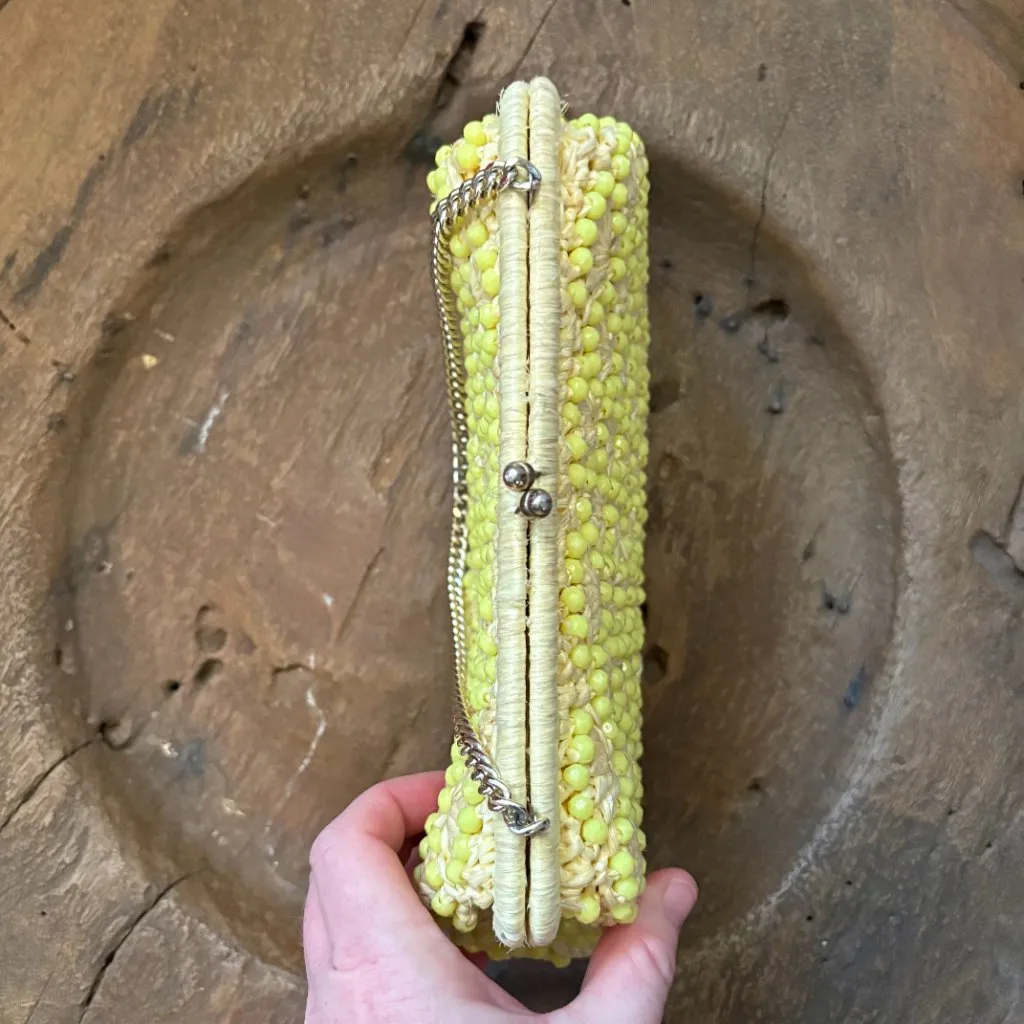 Vintage ADG butter yellow raffia beaded purse clutch party handbag 10 x 6 x 2 in - Image 4