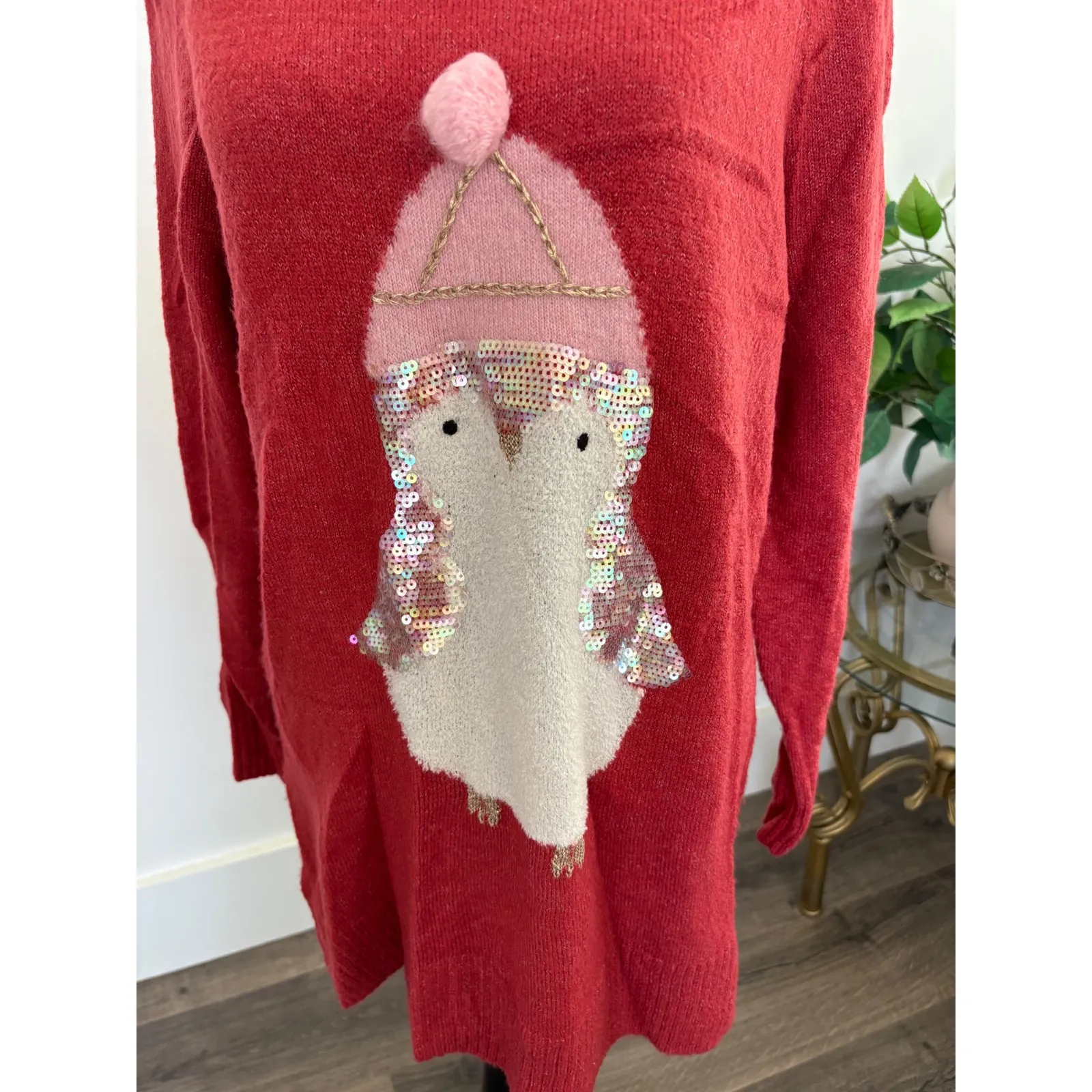LC Lauren Conrad Womens L Red Penguin Christmas Oversized ‎ Sweater Holiday - Image 2