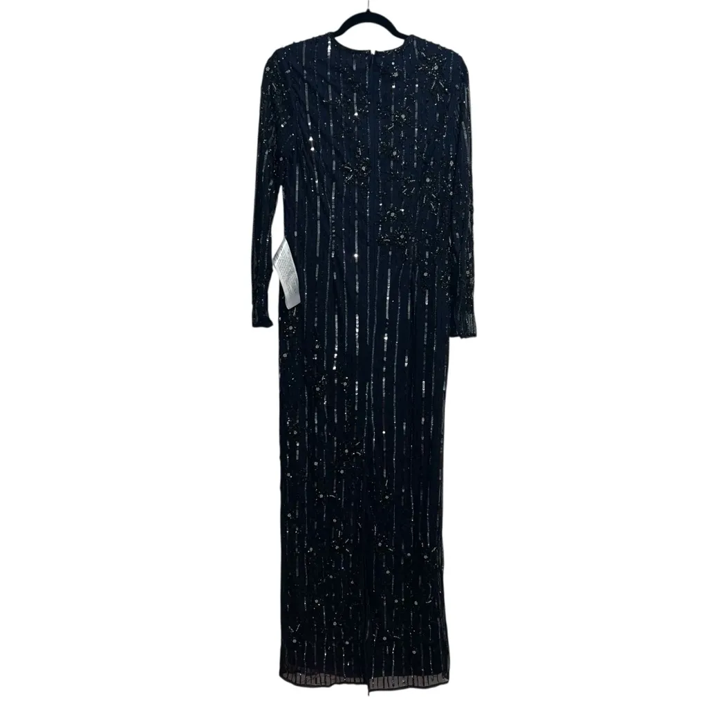 NEW NWT Mac Duggal Embellished High Neck Illusion Long Sleeve Gown Navy Blue - Image 12