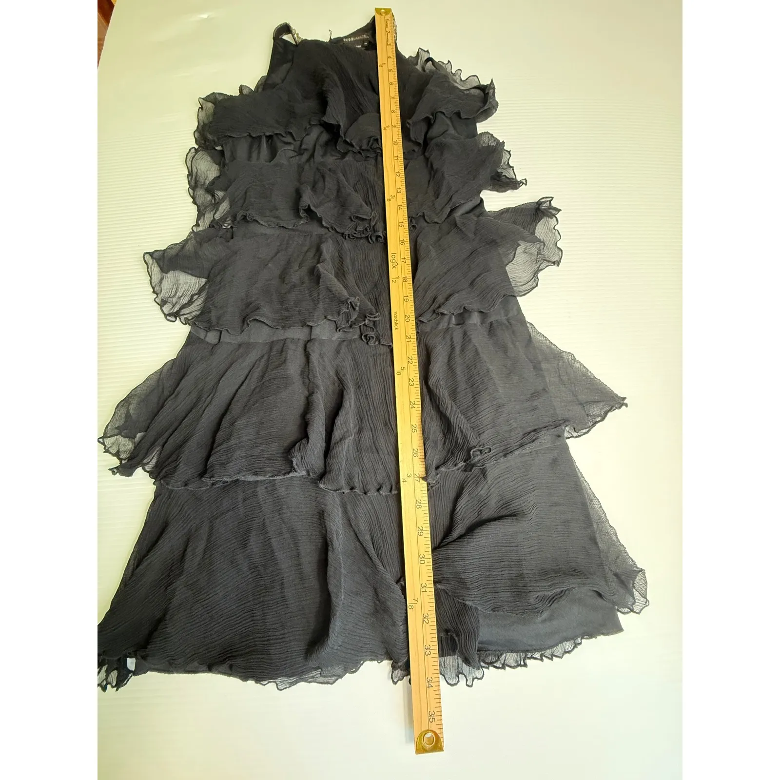 BCBGMAXAZRIA Black Silk Dress Ruffle Tiered Sleeveless Party Cocktail XS‎ - Image 2