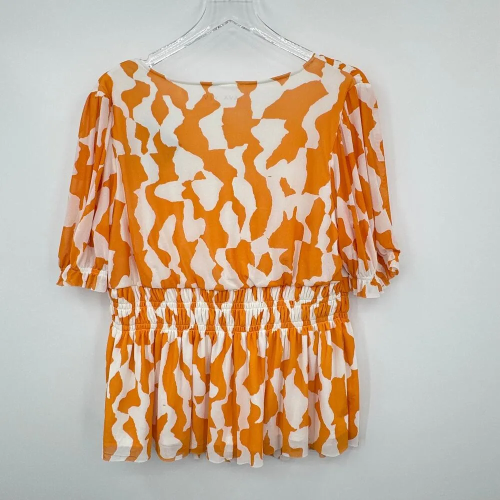 Ava & Viv blouse XXL V neck abstract smocked mesh lined stretch orange white NEW - Image 5