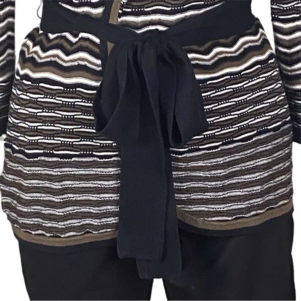 BCBGMAXAZRIA black brown white striped wrap sweater with tie belt Medium EUC - Image 3