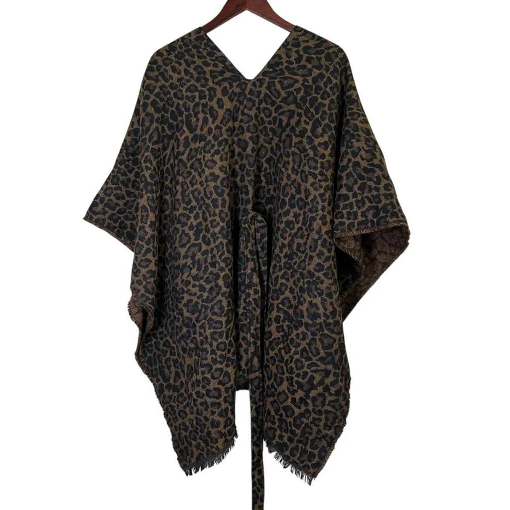 Francesca’s Leopard Print Ruana Wrap Boho Fringe Open Front Shawl Kimono One Sz Brown Size undefined - Image 3