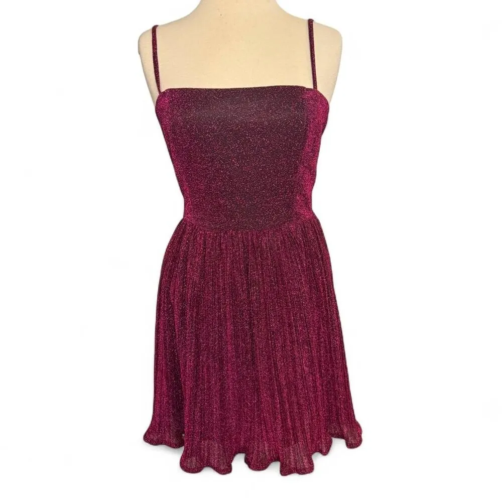 Lulus Party Era Magenta Sparkly Lace-Up Pleated Skater Dress Sz XL NWT - Image 2