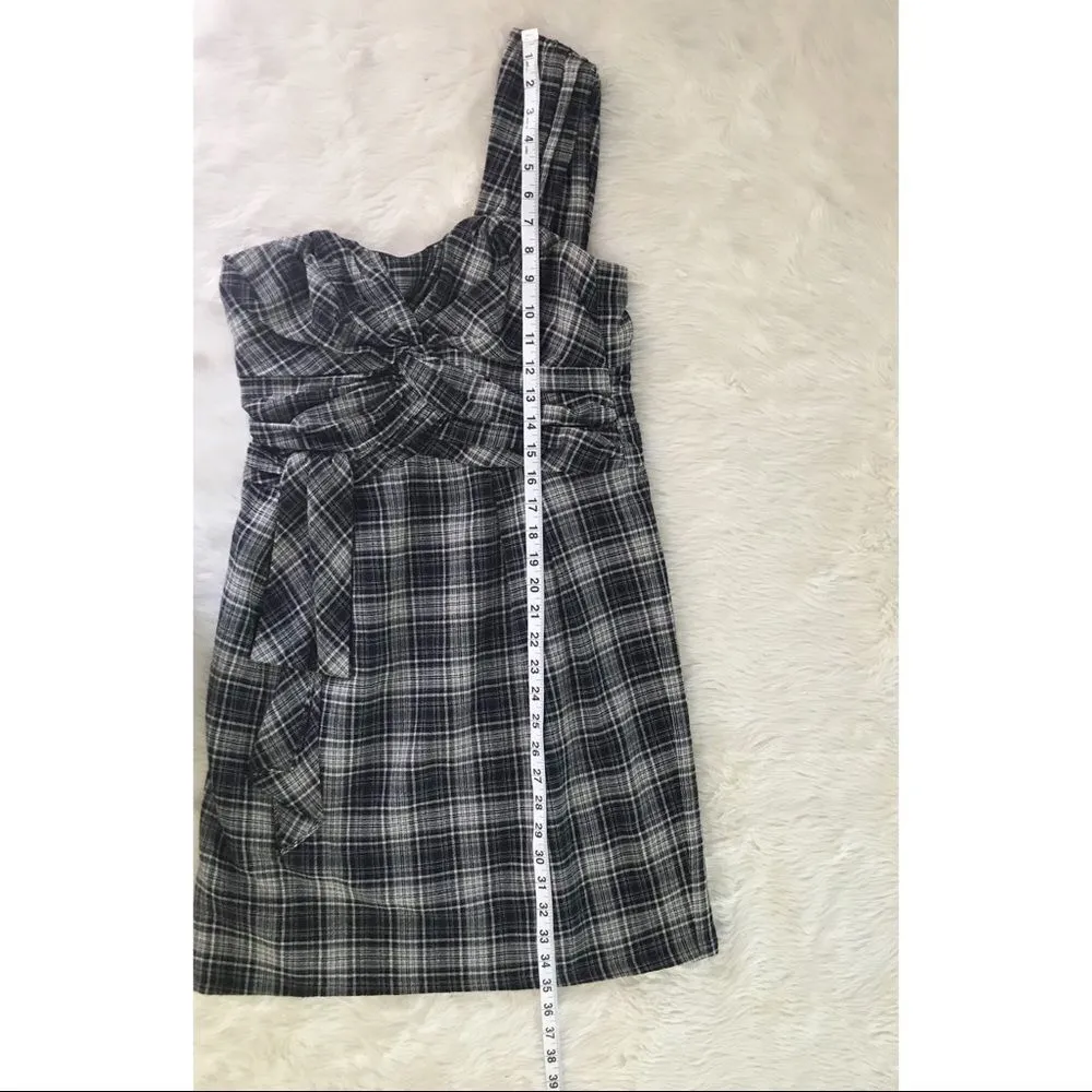 NANETTE LEPORE One Shoulder Cocktail Dress Mini  Sheath Draped Plaid Gray Size 6 - Image 16