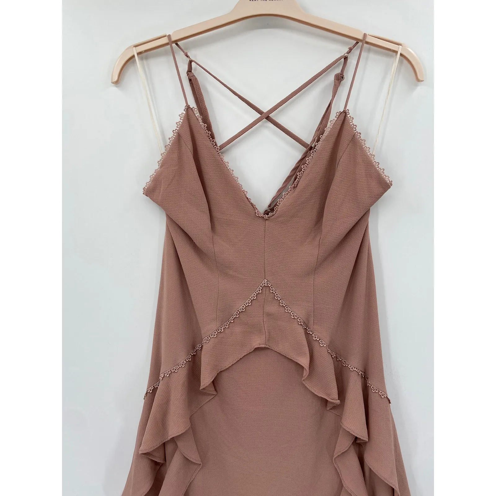 The Jetset Diaries Light My Fire Nude Pink Ruffled V-Neck Gown Size Small - Image 4