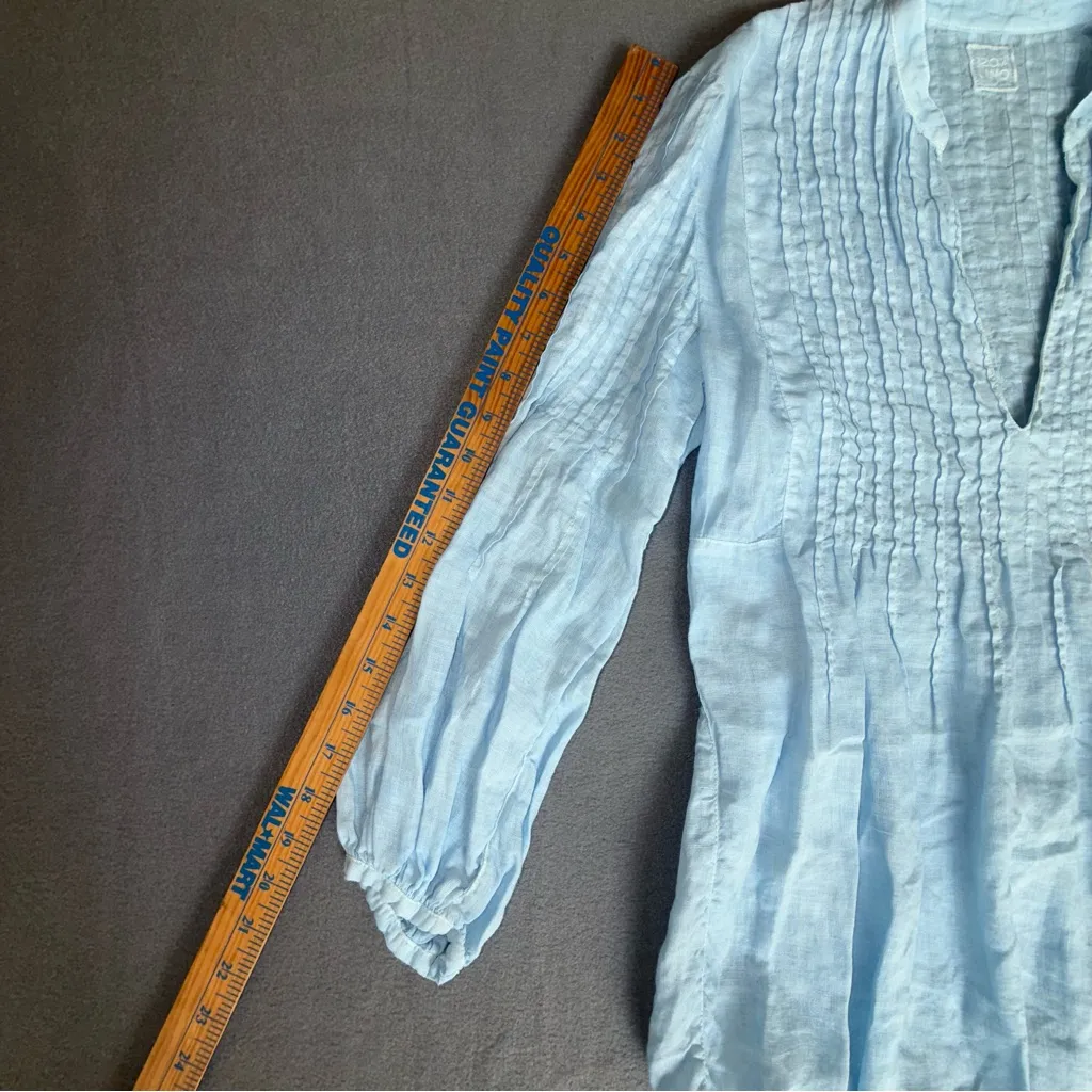 120% Lino Sky Blue‎ Women's Mandarin collar Drawstring Bottom Shirt size large Blue - Image 7