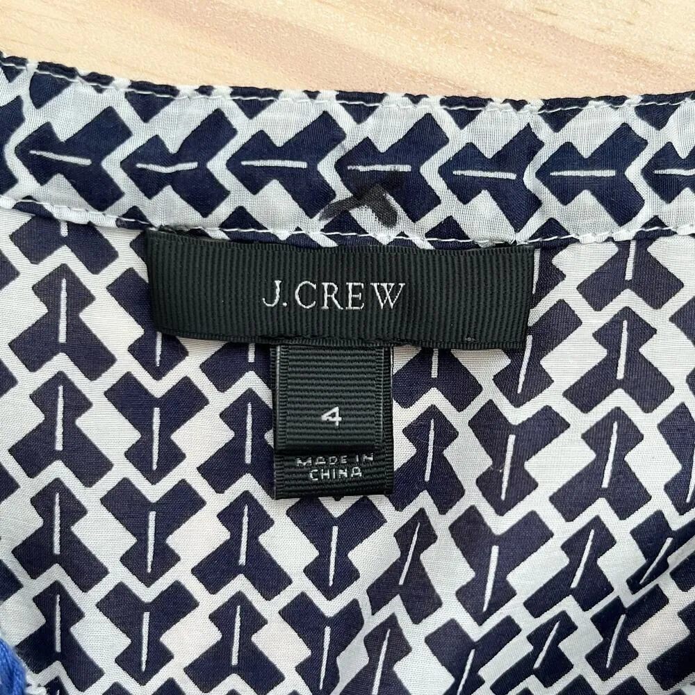 J.Crew Silk Cotton Embroidered Tassel Sleeveless Blouse Arrow Print Blue White 4 - Image 4