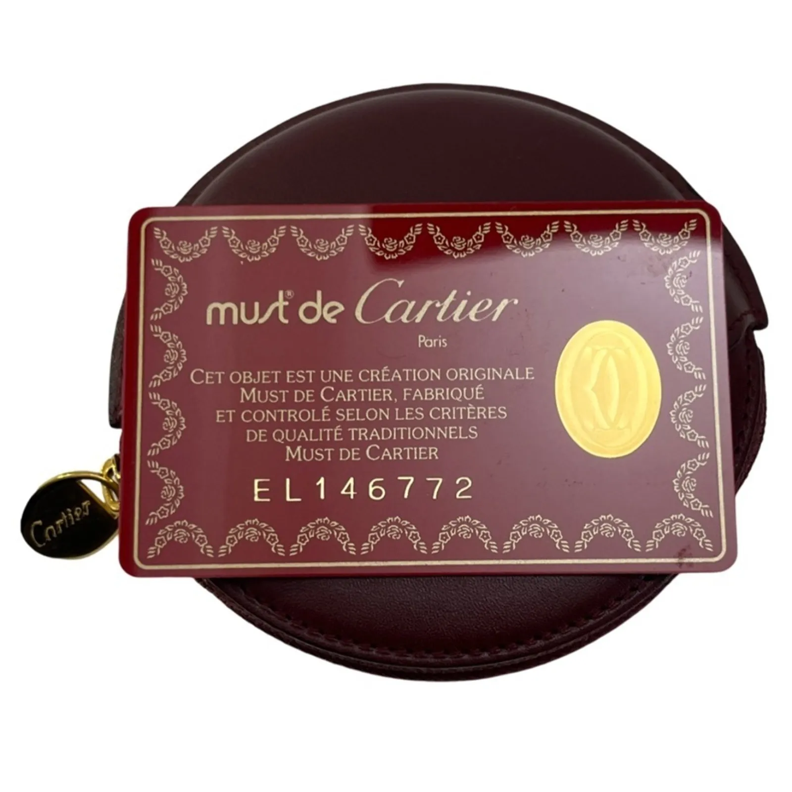 Vintage Must de Cartier Bordeaux Round Coin Purse Leather Gold Zipper Spain - Image 6