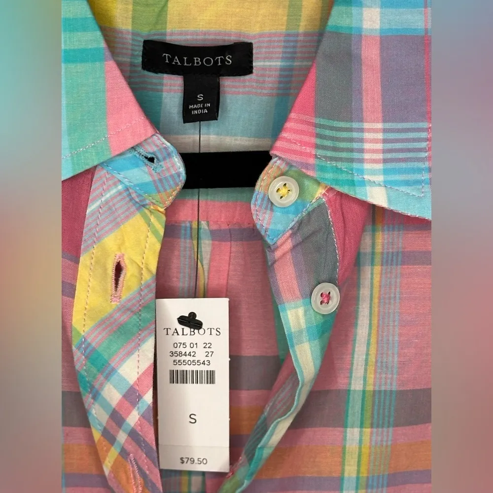 NEW Talbots 100% Cotton Button-Front Shirt – Pastel Easter Plaid – Women’s S - Image 5