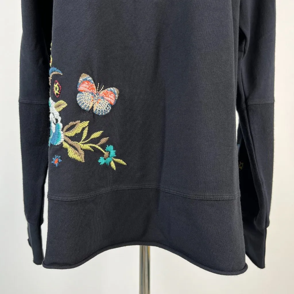 NWOT Johnny Was Embroidered Floral Butterfly Bird Pullover Black Sweatshirt Sz S - Image 4