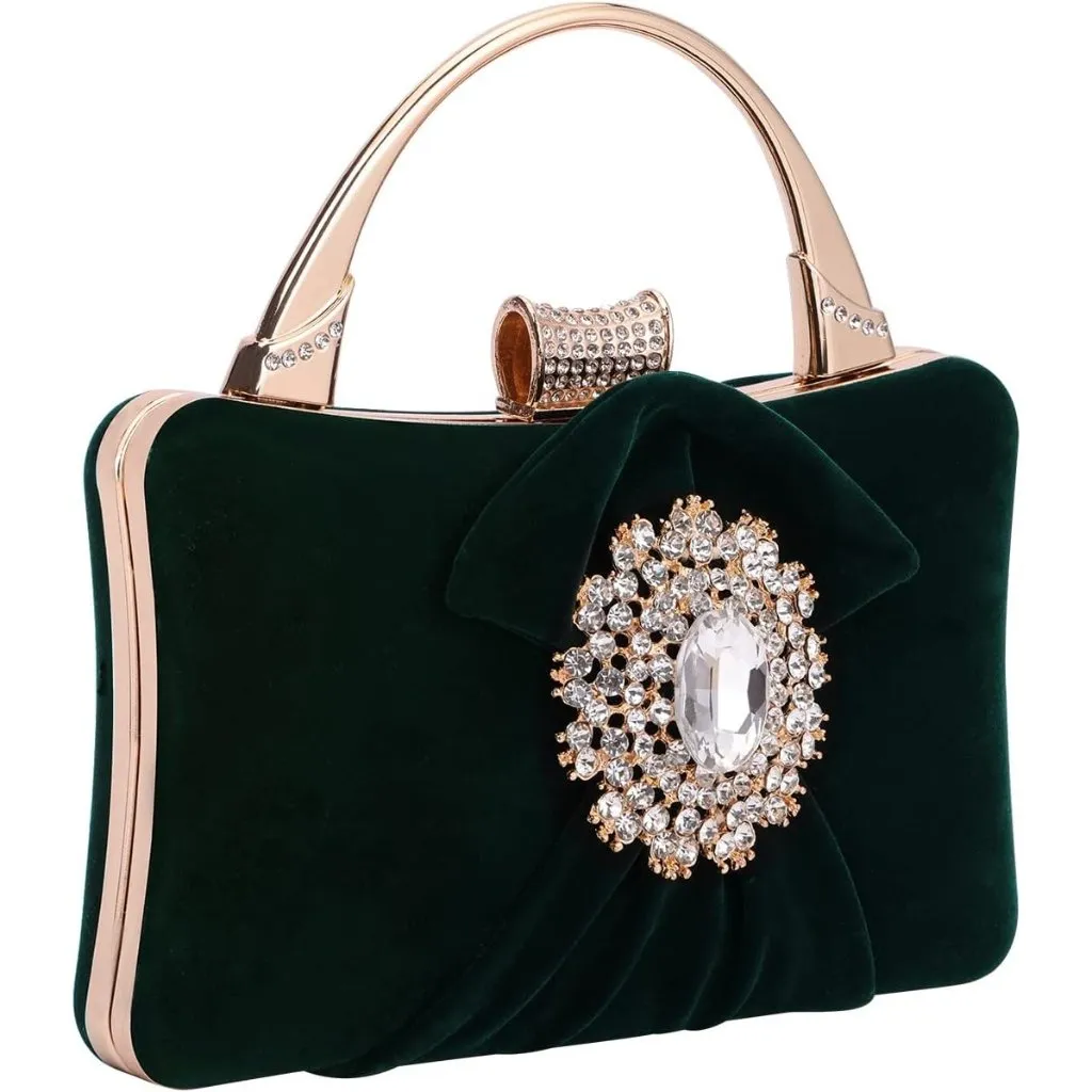 ⚡Women's Velvet Green Crystal Flower Closure Rhinestone Embellished Clutch Bag - Image 3