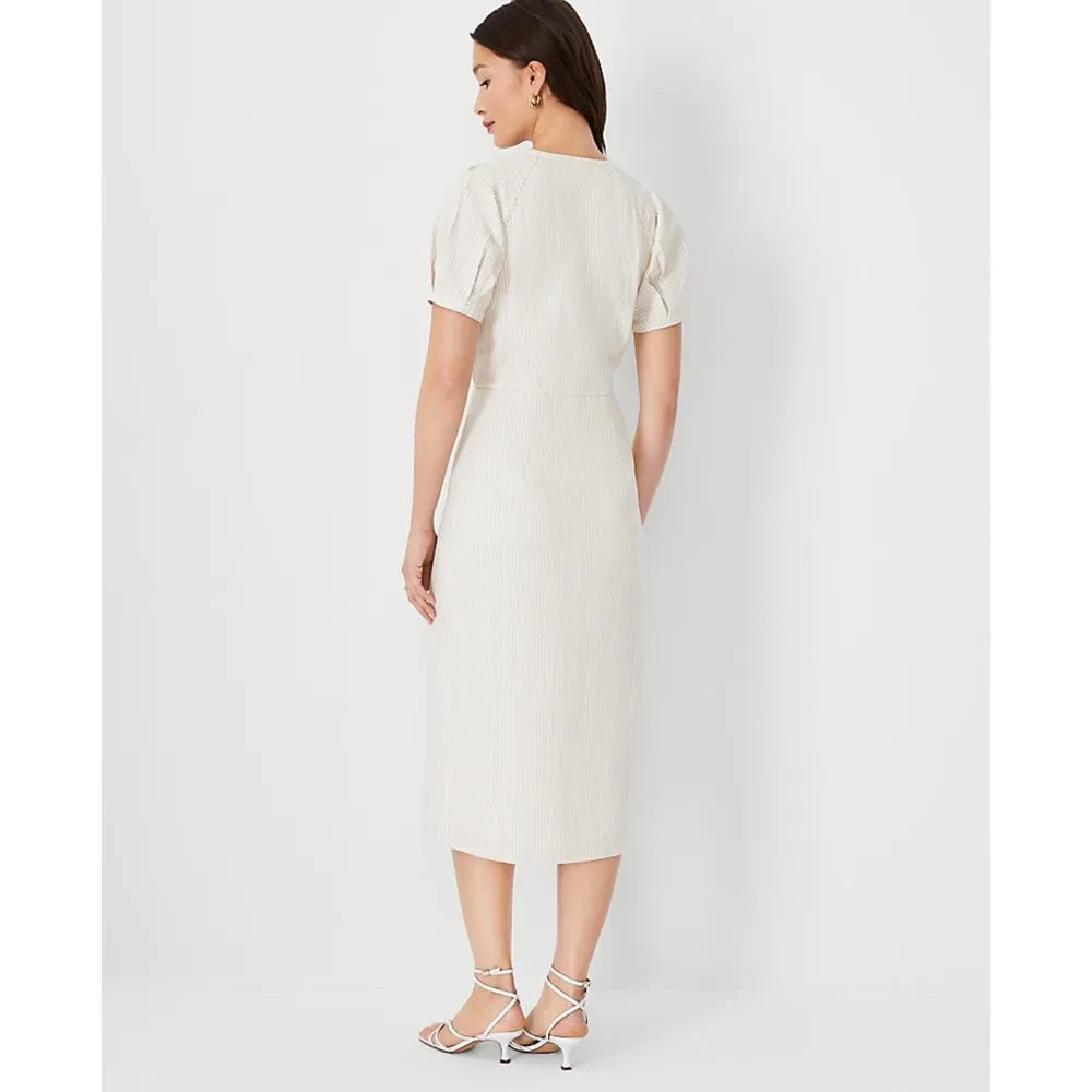 NWT Ann Taylor Toasted Oat Striped Balloon Sleeve Button Front Midi Dress Sz 16 - Image 2